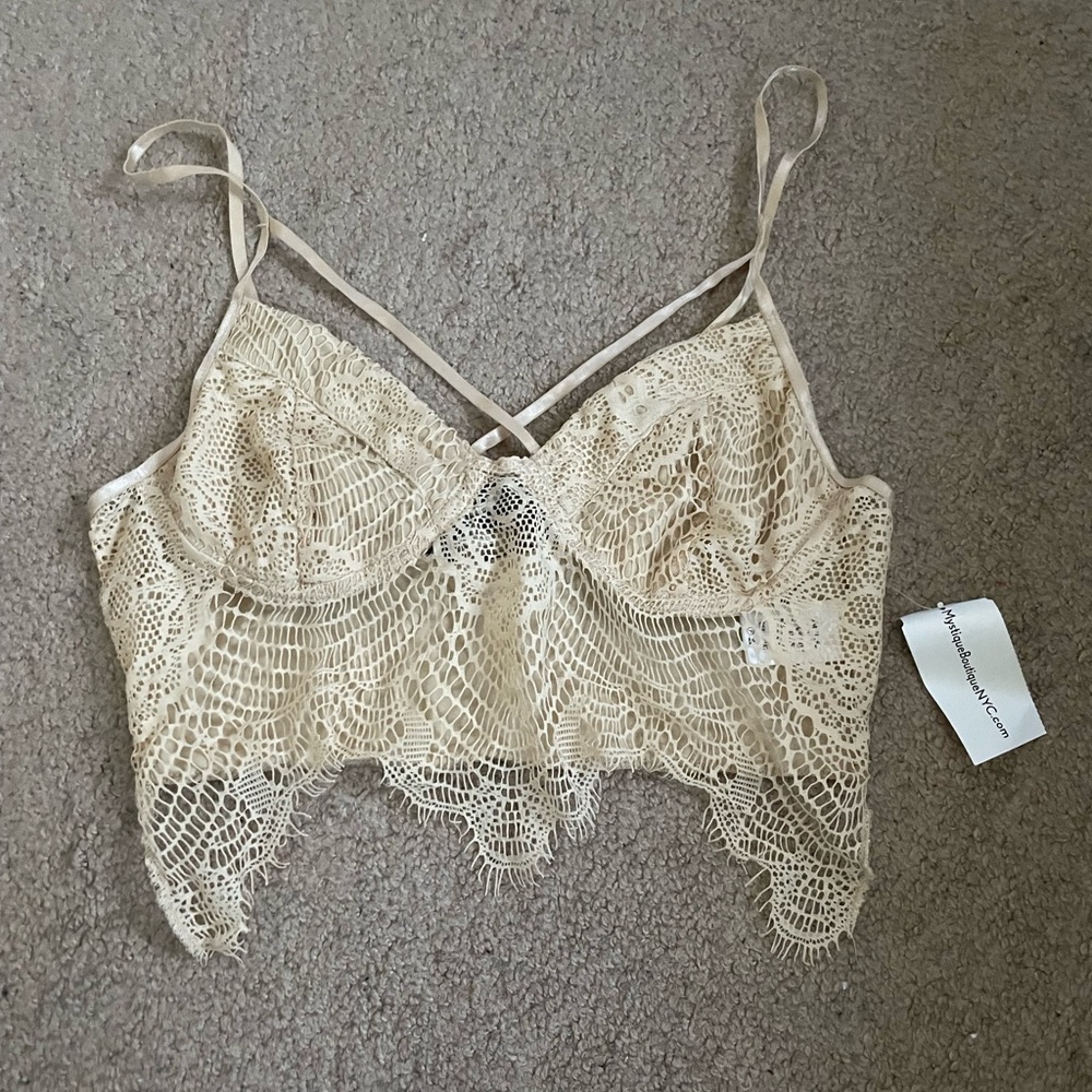 Mystique Boutique NYC Tan Lace Strappy Sweetheart Crop Top Size Medium N…‎